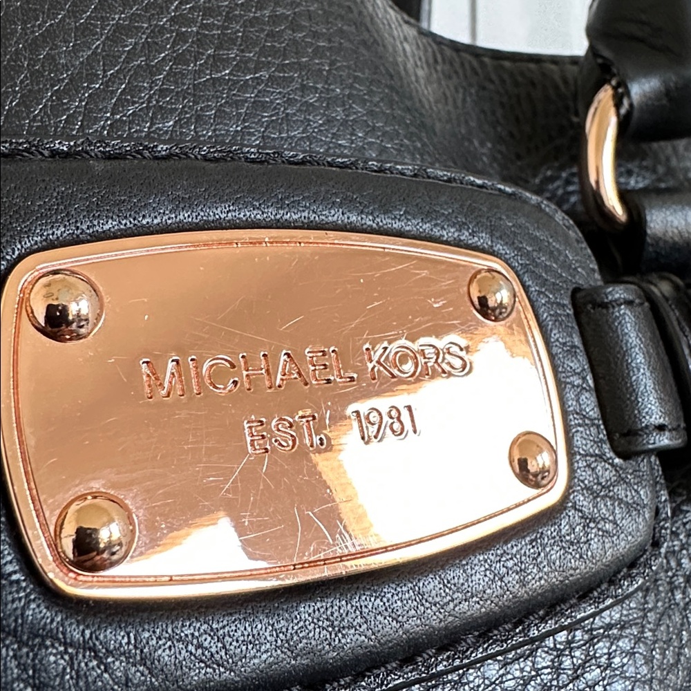 Michael Kors HAMILTON Black Pebbled Leather Satchel Tote Bag Rose Gold Hardware - Picture 7 of 17